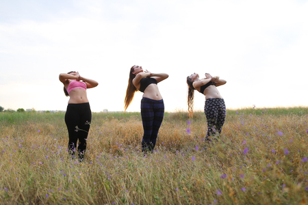 Attractive young female warmed up before main workout, to warm up and relieve stress and backs fatigue, leading to tone your body in  large field in open air. Girl with shoulder-length hair dressed in pink top and black leggings, girl with long red hair dの写真素材