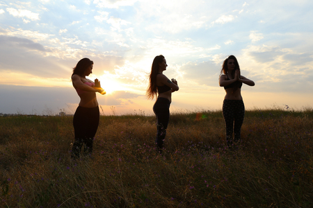 Women perform warm-up and stretching exercises, strengthen body, exercise classes and share knowledge with each other, take pictures to capture advertising sportswear or fitness center. Girl with shoulder-length hair dressed in pink top and black leggingsの写真素材