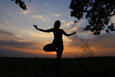 Female with beautiful figure takes yoga postures, gymnastics and ballet spends stretching and meditating, posing for advertising shoot fitness studio, healthy energy drink, dancing belly dancing among wide field on background of yellow sunset and beautifuの写真素材