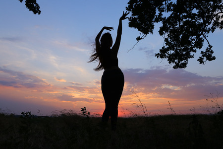 Female with beautiful figure takes yoga postures, gymnastics and ballet spends stretching and meditating, posing for advertising shoot fitness studio, healthy energy drink, dancing belly dancing among wide field on background of pink sunset and beautiful の写真素材