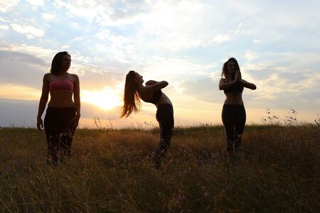 Women perform warm-up and stretching exercises, strengthen body, exercise classes and share knowledge with each other, take pictures to capture advertising sportswear or fitness center. Girl with shoulder-length hair dressed in pink top and black leggingsの写真素材