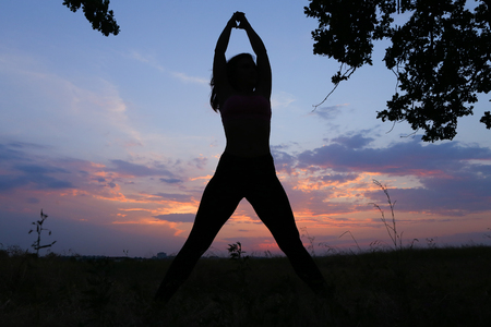 Female with beautiful figure takes yoga postures, gymnastics and ballet spends stretching and meditating, posing for advertising shoot fitness studio, healthy energy drink, dancing belly dancing among wide field on background of pink sunset and beautiful の写真素材