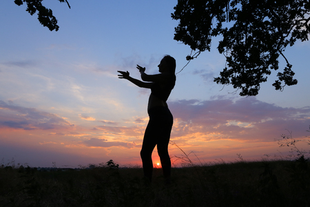 Female with beautiful figure takes yoga postures, gymnastics and ballet spends stretching and meditating, posing for advertising shoot fitness studio, healthy energy drink, dancing belly dancing among wide field on background of pink sunset and beautiful の写真素材