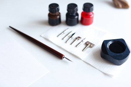 Photo shows variety of removable iron feathers for pen, with help of which they write with calligraphic font on white table in art studio. Concept of fine arts and bright colors, beautiful writing, calligraphy and lettering, materials and tools, craftsmanの写真素材