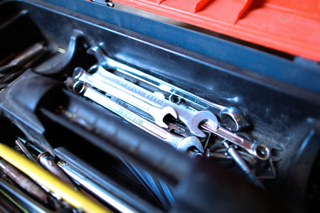 Automotive tools lying in red box. Concept of repairs.の写真素材