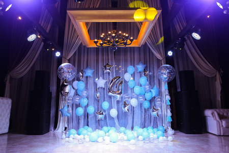 Decorated amazing scene with blue balloons and number 4. Concept of party for four years old child.の写真素材
