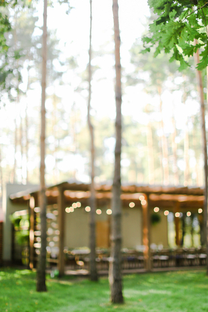 Blurred photo of house with yellow garland. Concept of extarior and nature.の写真素材