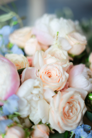 Closeup nice pink roses in bouquet. Concept of floristic art.の写真素材