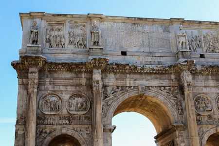 Closeup arch of Constantine in Rome, Italy. Concept of ancient landmarks and last minute cheap tours to Europe.の写真素材