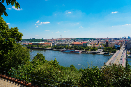View of Prague in Czech republic, river Vltava. Concept of cityscape and cheap tours to Europe.の写真素材