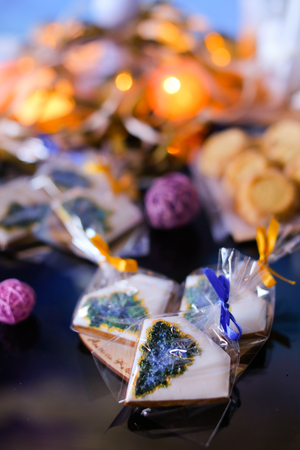 Sweet tasty biscuits with fir tree for winter holidays. Concept of dessert and sweets. food.の写真素材