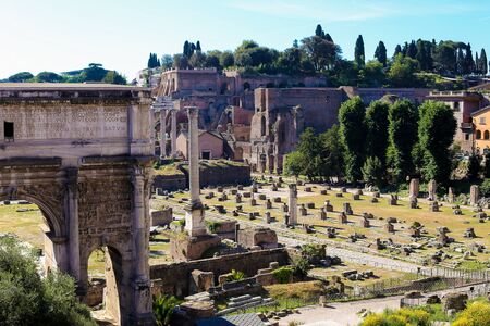 Roman Forum, arches and columns in Rome, Italy. Conceptof antique landmarks and famous sightseeing in Europe.の写真素材