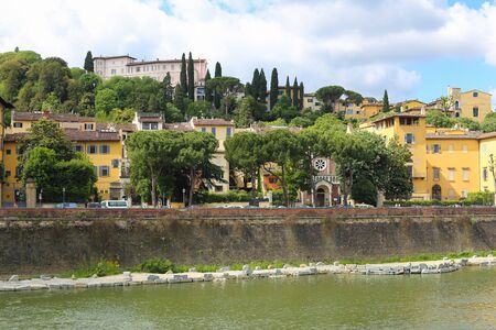 Quit streets and buildings near river in Florence, Italy. Concept of european landscapes and tourism, sumer vacations in Europe.の写真素材