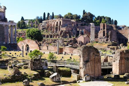 Wonderful Roman Forum, arches and columns in Rome, Italy. Conceptof antique landmarks and famous sightseeing in Europe.の写真素材