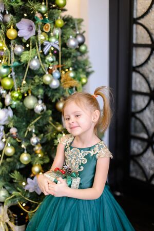 Little girl with gift wearing dress and standing near Christmas tree. Concept of presents, childhood and winter holidays.の写真素材