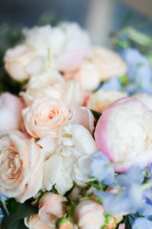 Closeup pink roses in bouquet. Concept of floristic art.の写真素材