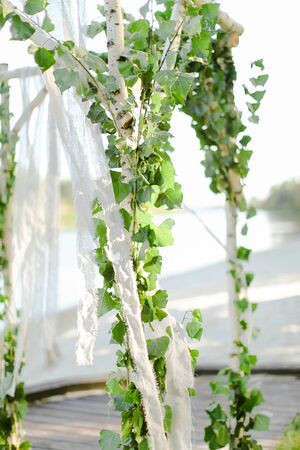 Birch arch in sky background. Concept of natural decorations.の写真素材