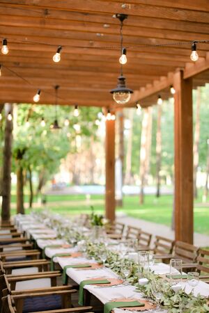 Long table served for banquet. Concept of catering establishment.の写真素材
