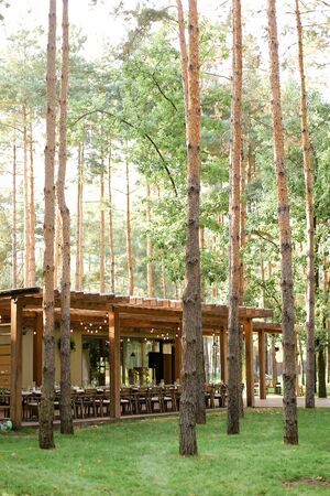 Wooden restaurant in forest. Concept of natural design.の写真素材
