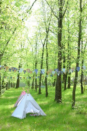 Blue handmade tent in forest, shiny weather. Concept of nature and summer vacations.の写真素材