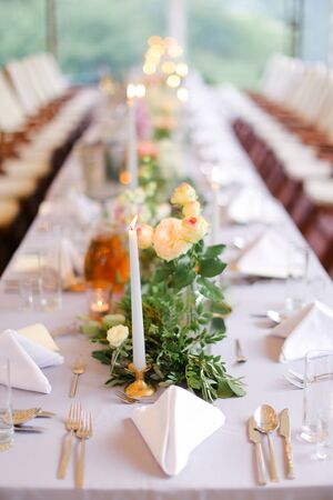 Decorated for banquet table at restaurant. Concept of catering establishment.の写真素材