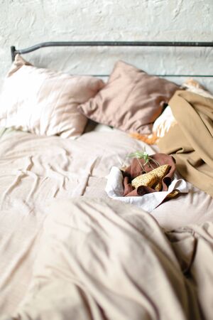 Empty bed and pillows. Concept of bedroom.の写真素材