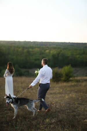 Groom and fiancee walking in steppe with dog husky. Concept of wedding and bridal photo session with pets on nature.の写真素材