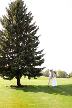 Young american bride and groom walking near green big spruce on grass in white sky background. Concept of evergreens and wedding.の写真素材