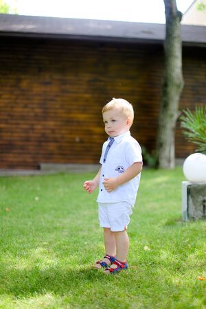 Little caucasian baby standing on grass. Concept of childhood and summer.の写真素材