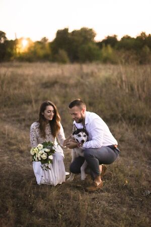 Bride and groom sitting on grass with dog in field. Concept of wedding photo session on nature and pets.の写真素材