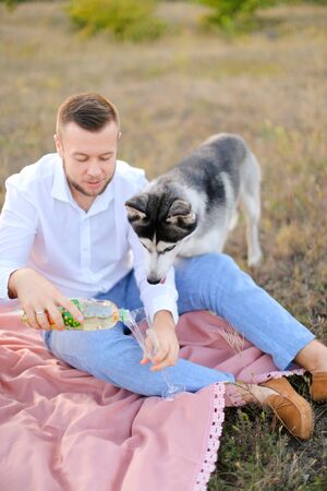 Young male person pouring glass and sitting on pink plaid near malamute outside. Concept of picnic on nature and pet dog.の写真素材