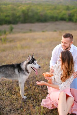 Young american woman and man sitting on grass plaid near husky and resting outside. Concept of picnic on nature and dogs.の写真素材