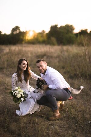 Bride and caucasian groom sitting on grass with dog in field. Concept of wedding photo session on nature and pets.の写真素材