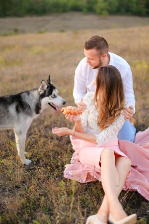 Young american woman and man sitting on grass plaid and feeding husky. Concept of picnic on nature and dogs.の写真素材