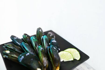 light blue exotic Healthy mollusk food is tasty appetizer at luxurious restaurant, delicious mussel as traditional sea cuisine, pacific ocean dishの写真素材