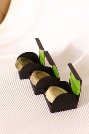 Three soap solid bars in black boxes on white background. Concept of organic cluelty free, kosher cosmetic online shop and pampering.の写真素材