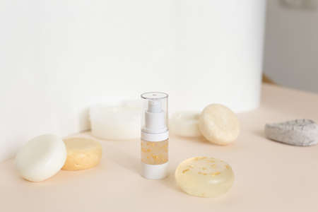 Ecofriendly products for body, spray bottle with lotion and eco soaps. Concept of kosher and non gmo cosmetics, healthcare and organic shop.の写真素材