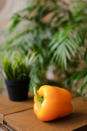 Yellow bellpepper lying on wooden table near houseplants.の写真素材