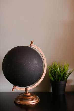Black globe standing on table near houseplants.の写真素材