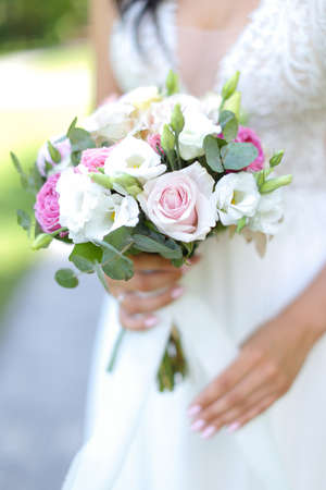 Close up bride bouquet of roses.の写真素材