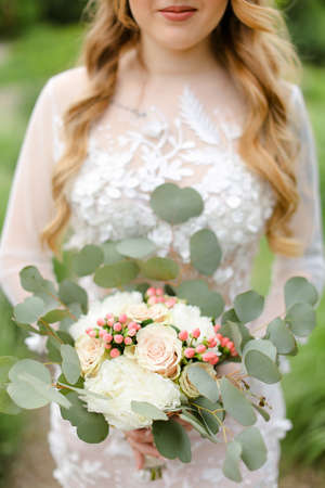 Closeup bride bouquet of nice roses.の写真素材