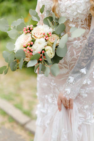 Closeup nice bride bouquet of roses.の写真素材