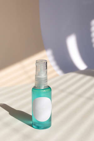 Facial wash homemade cleansing gel ultra moisturizing, micellar cosmetics remover in blue spray bottle.の写真素材