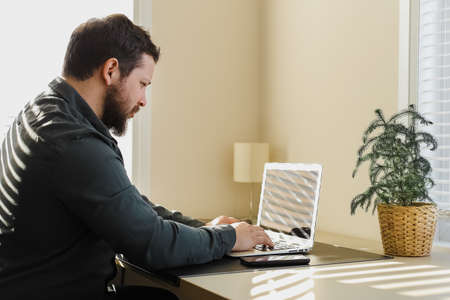 European businessman working in office, looking at laptop computer screen.の写真素材