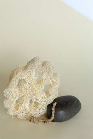 Loofah sponge and black solid soap scrub in background with copy space.の写真素材