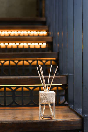 Aromatherapy reed diffuser air freshener on relaxed spa backgroundの写真素材