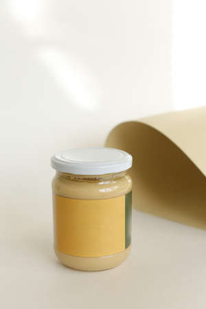 peanut butter in closed jarの写真素材