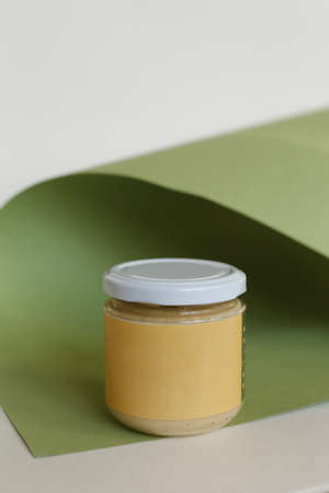 peanut butter in closed jar almond cashew or peanut butter in closed jarの写真素材