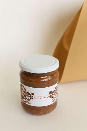 peanut butter in closed jarの写真素材