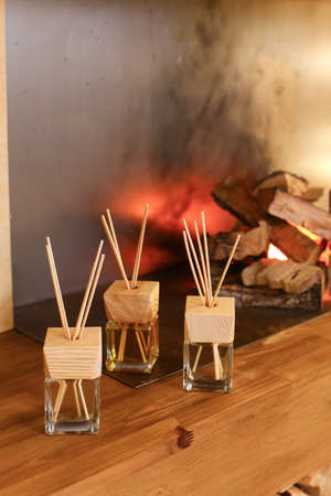 Aromatherapy reed diffuser air freshener on relaxed spa backgroundの写真素材